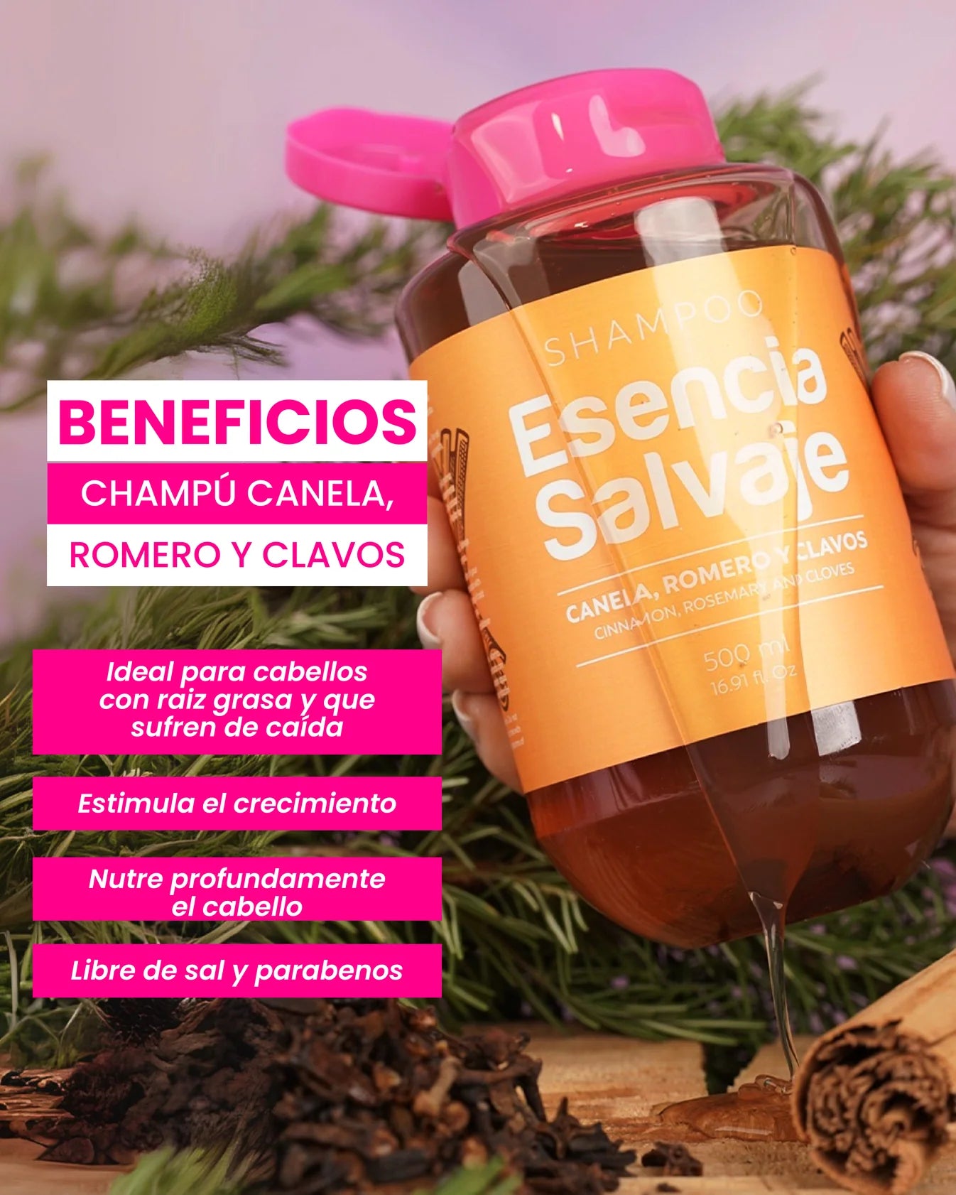 Esencia Salvaje Shampoo – Cinnamon, Rosemary & Clove